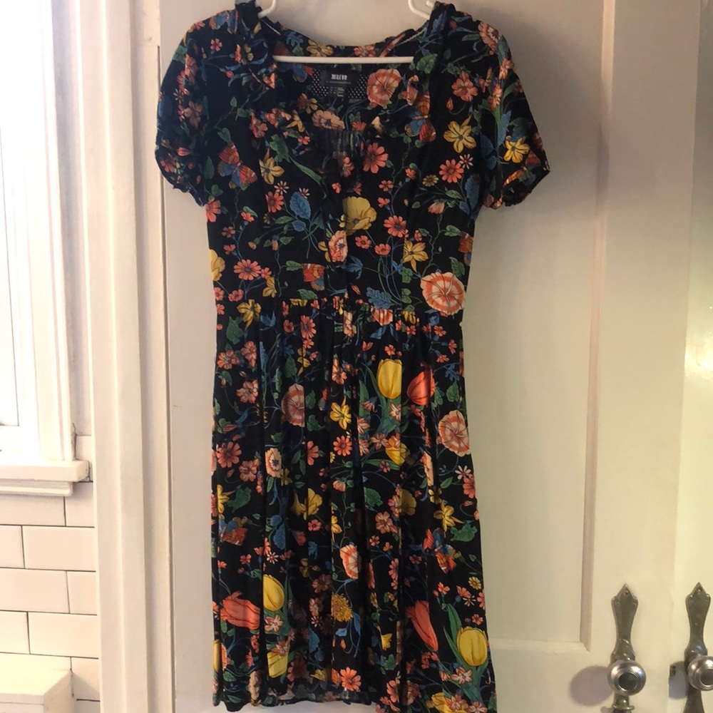 Floral Maeve dress from Anthropologie with ruffled neckline